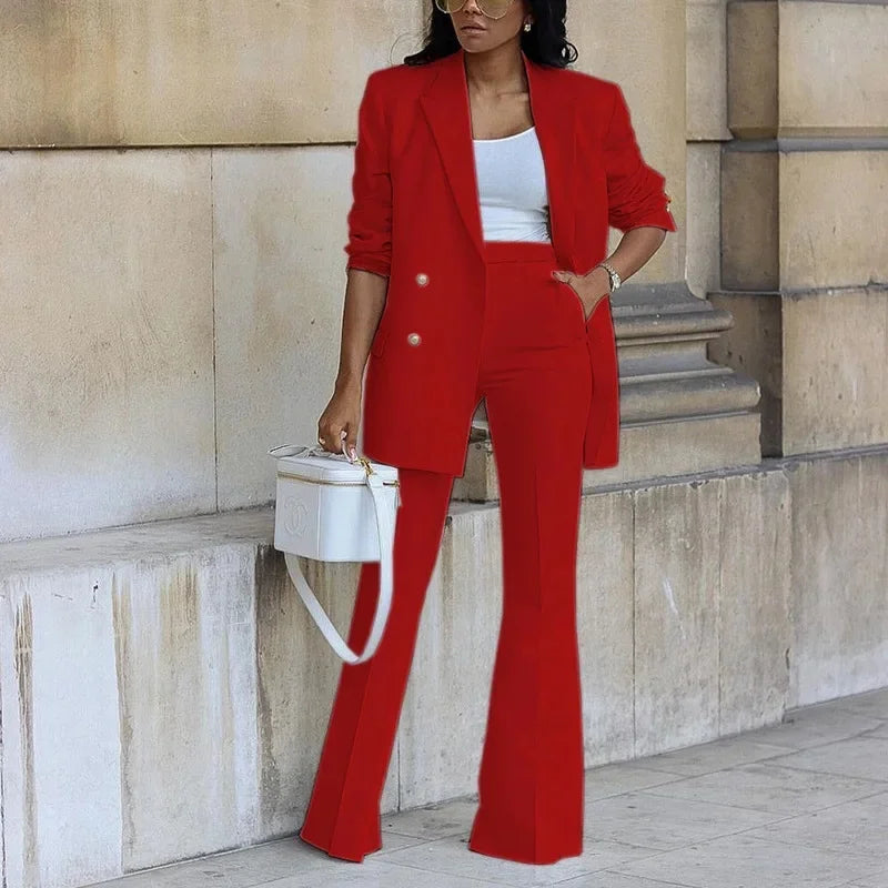 Sylvia | Women's Double-Breasted Blazer & Flare Pant Suit Set