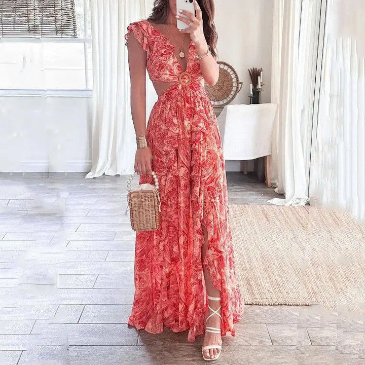 Sheena | Women's Floral Cut Out Maxi Dress with Ruffle Sleeves