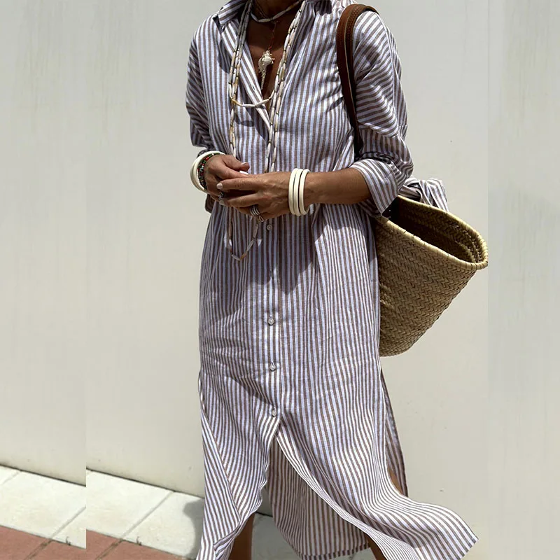 Lauren | Women's Long Sleeve Striped Shirt Maxi Dress