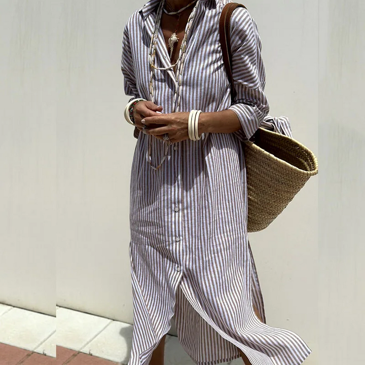 Lauren | Women's Long Sleeve Striped Shirt Maxi Dress
