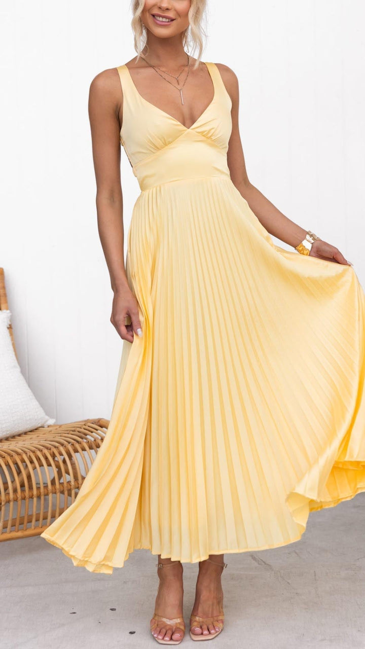 Bianca | Women's Criss Cross Back Yellow Pleated Maxi Dress