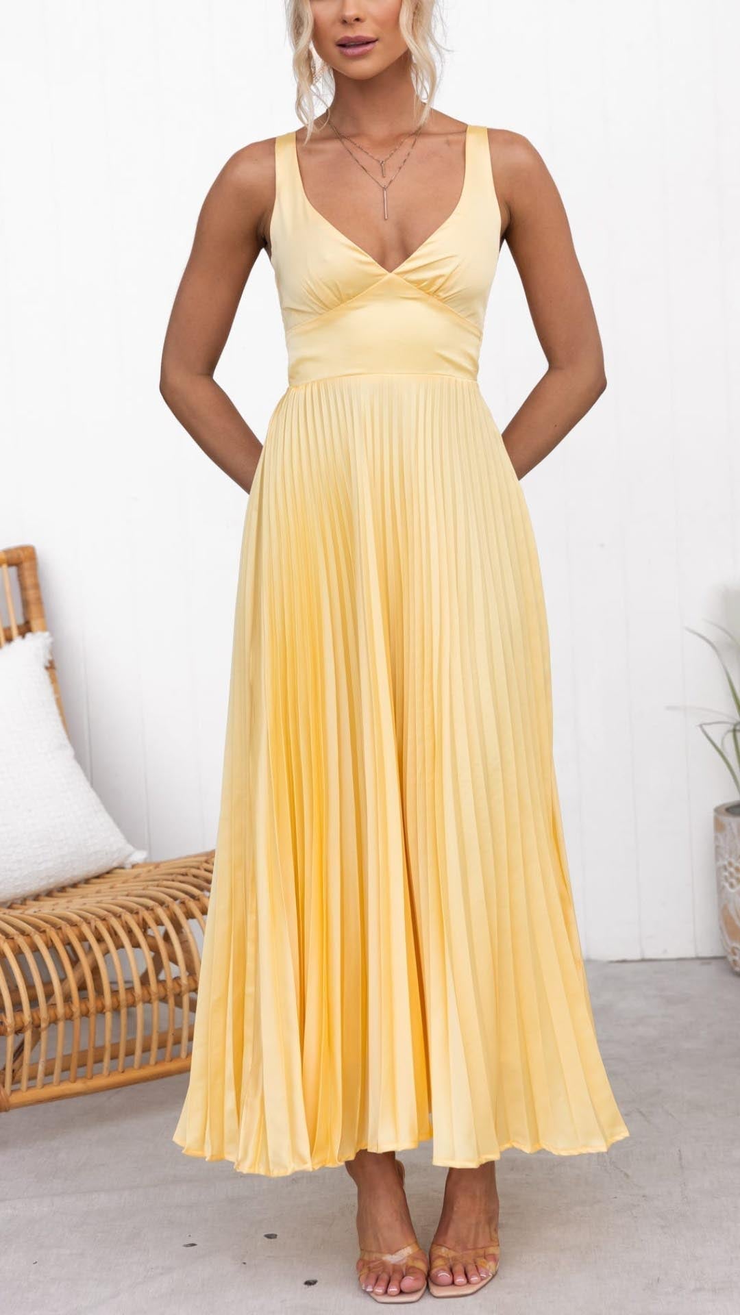 Bianca | Women's Criss Cross Back Yellow Pleated Maxi Dress