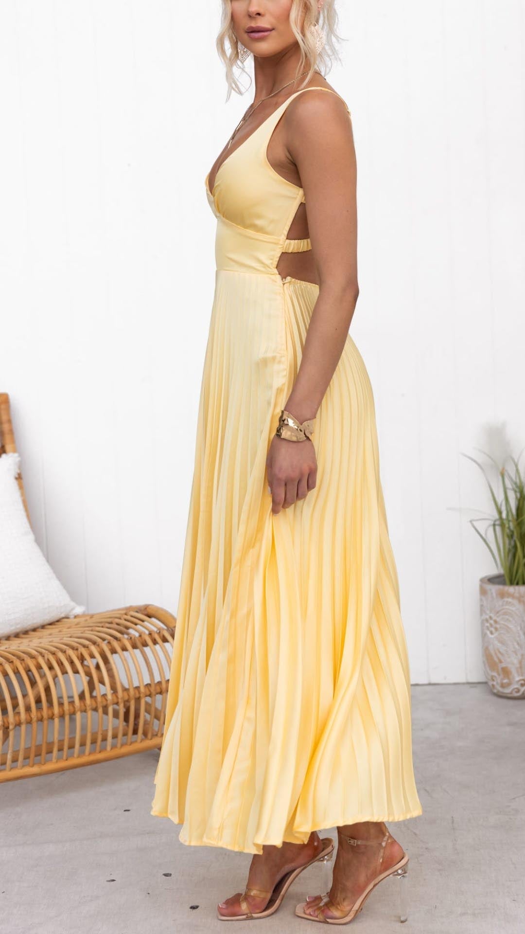 Bianca | Women's Criss Cross Back Yellow Pleated Maxi Dress