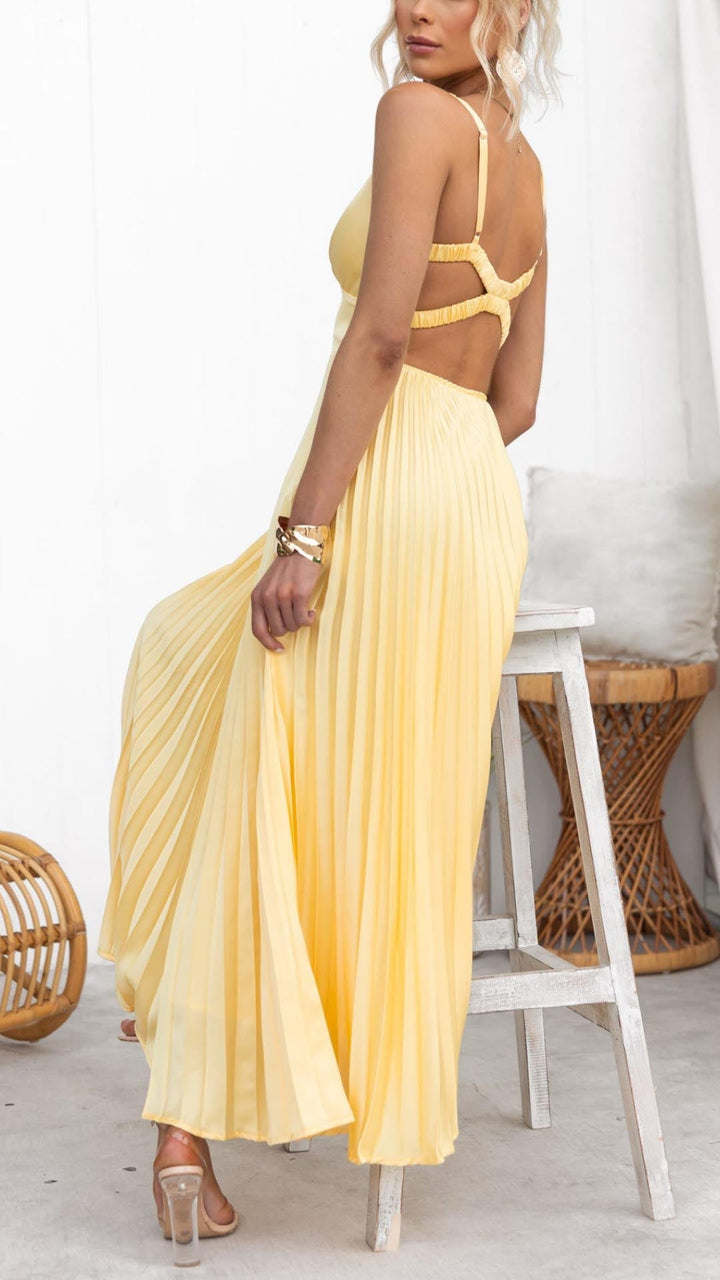 Bianca | Women's Criss Cross Back Yellow Pleated Maxi Dress