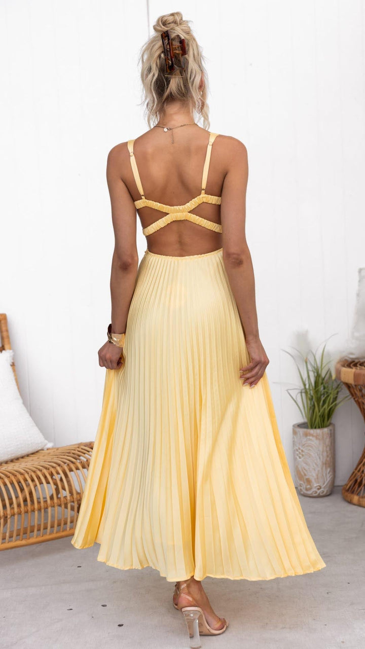 Bianca | Women's Criss Cross Back Yellow Pleated Maxi Dress