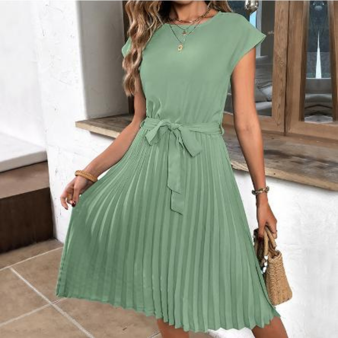 Kaye | Women's Pleated Midi A Line Dress with Tie Belt