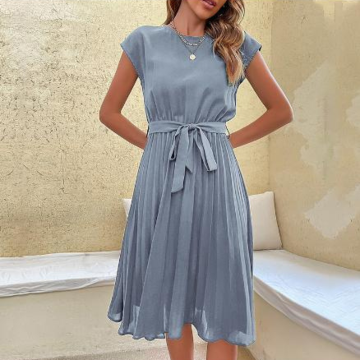 Kaye | Women's Pleated Midi A Line Dress with Tie Belt