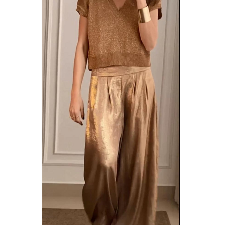 Willow | Women's V-Neck Knit Top & Satin Wide-Leg Pants Set