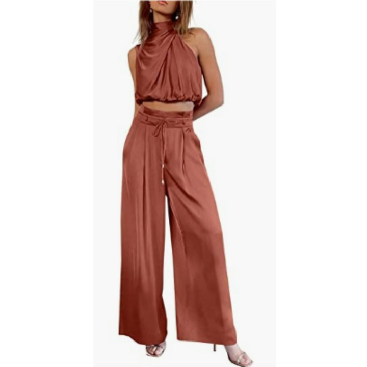 Jasmine | Women's Elegant Satin Twist Top & Palazzo Pant Set