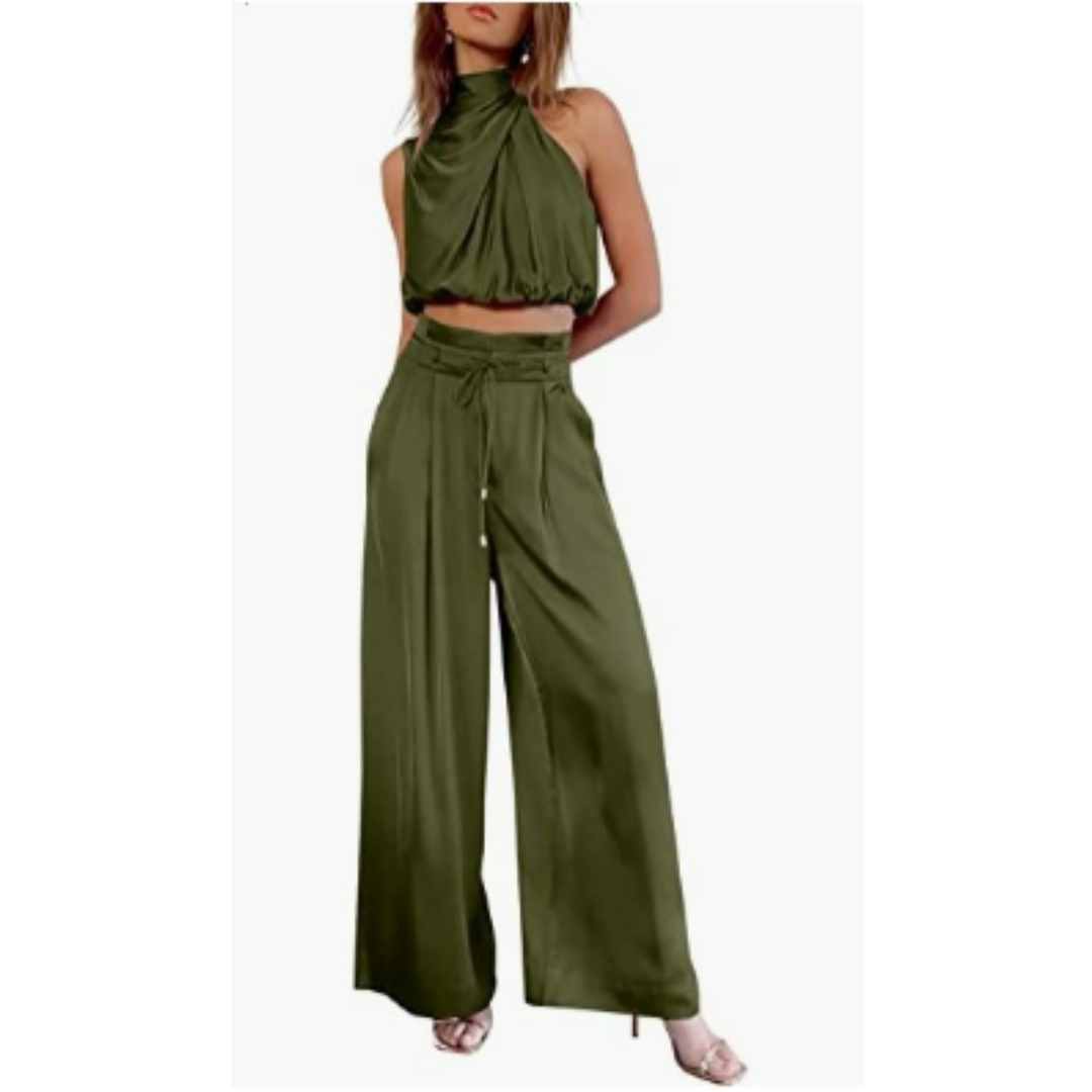 Jasmine | Women's Elegant Satin Twist Top & Palazzo Pant Set
