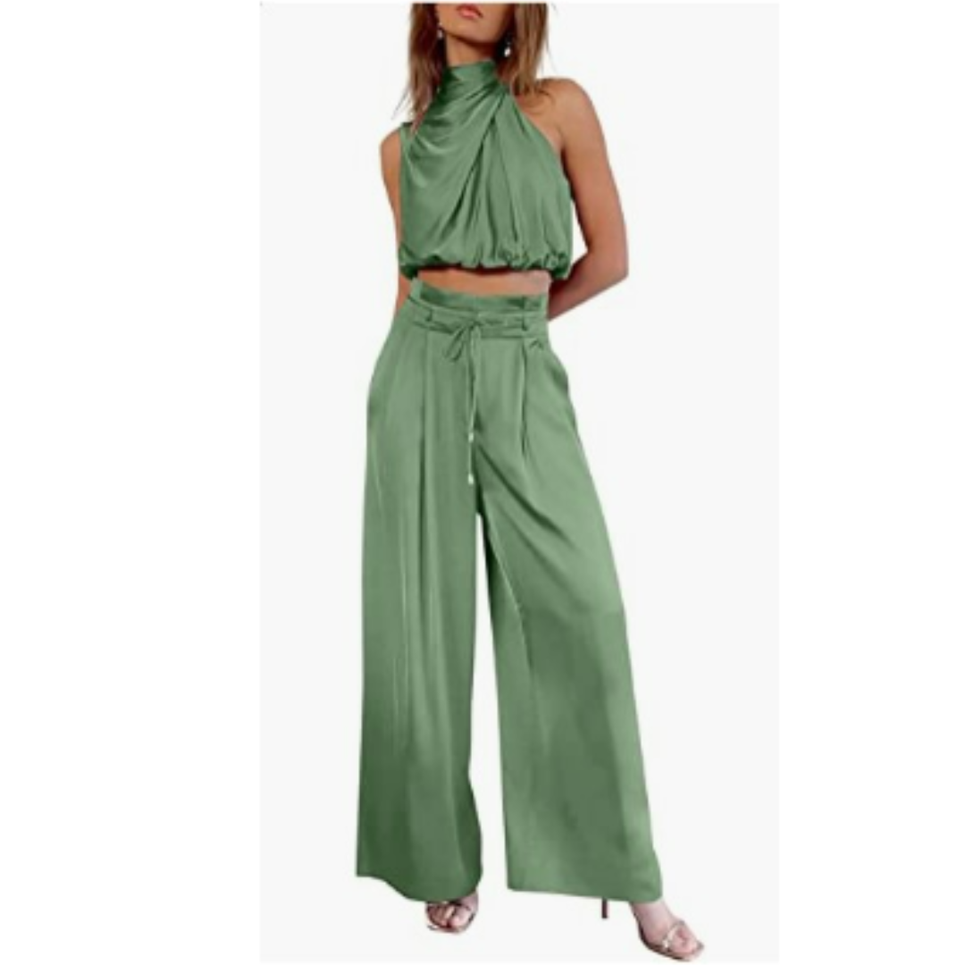 Jasmine | Women's Elegant Satin Twist Top & Palazzo Pant Set
