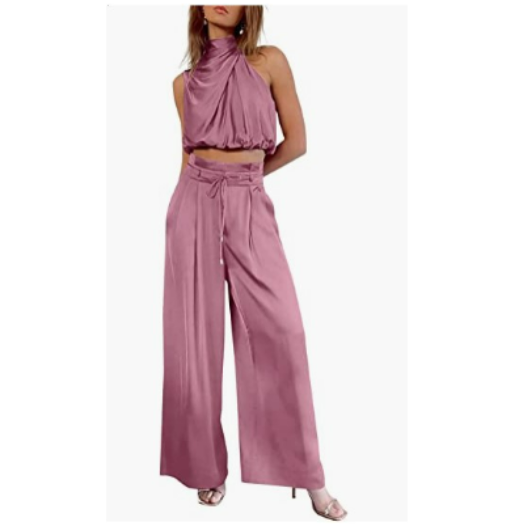 Jasmine | Women's Elegant Satin Twist Top & Palazzo Pant Set