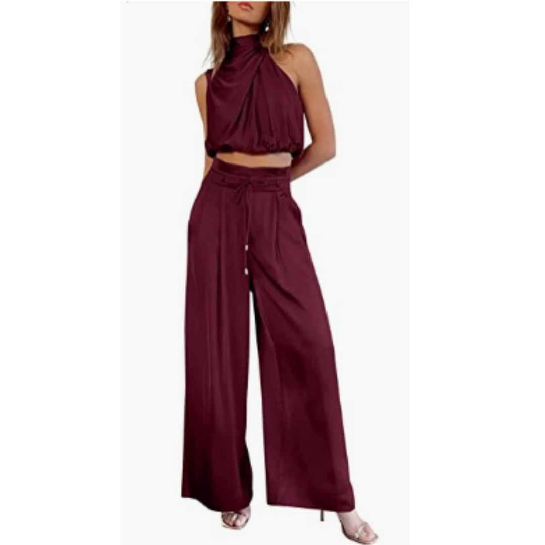 Jasmine | Women's Elegant Satin Twist Top & Palazzo Pant Set