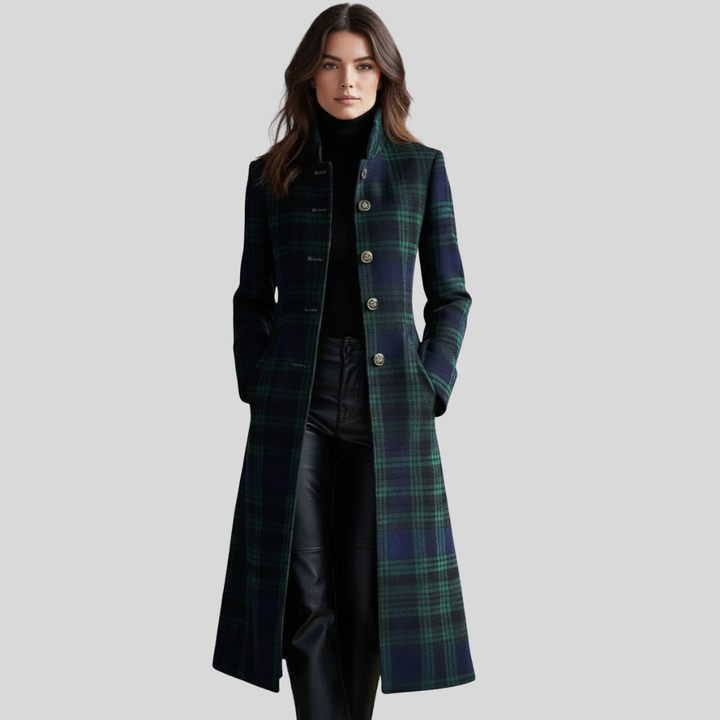 Charlotte | Women’s Long Plaid Wool Coat with High Collar