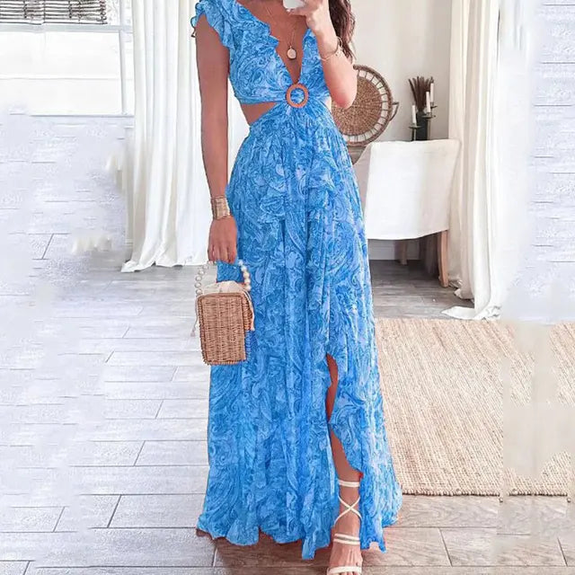 Sheena | Women's Floral Cut Out Maxi Dress with Ruffle Sleeves
