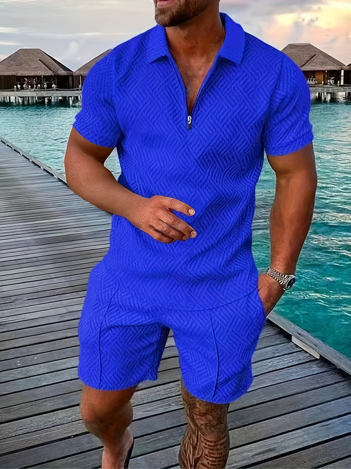 Diether | Men's Textured Quarter Zip Polo and Shorts Two Piece Set