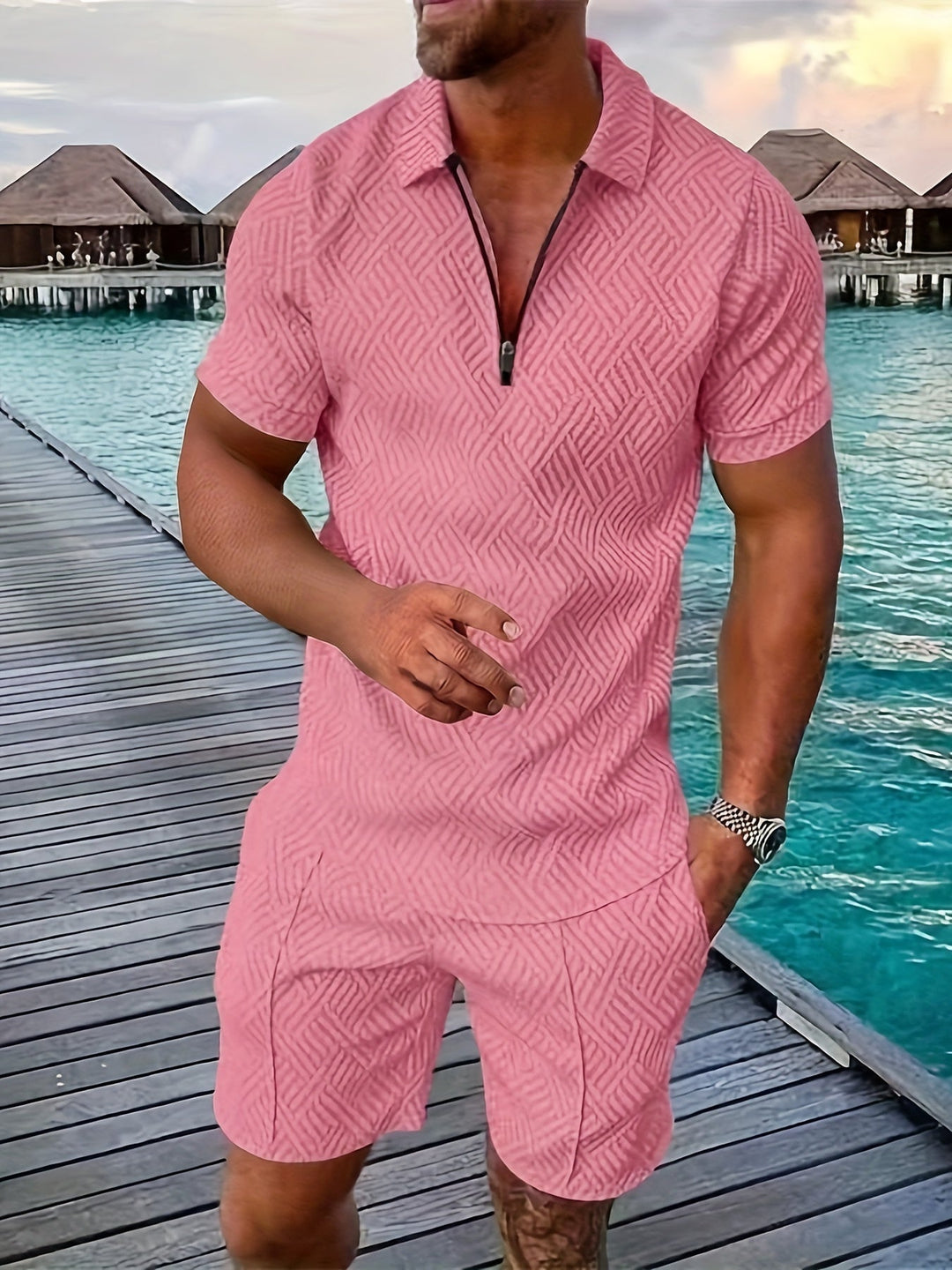 Diether | Men's Textured Quarter Zip Polo and Shorts Two Piece Set