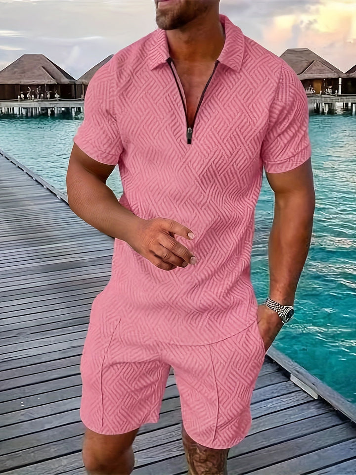 Diether | Men's Textured Quarter Zip Polo and Shorts Two Piece Set