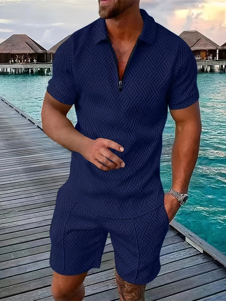 Diether | Men's Textured Quarter Zip Polo and Shorts Two Piece Set