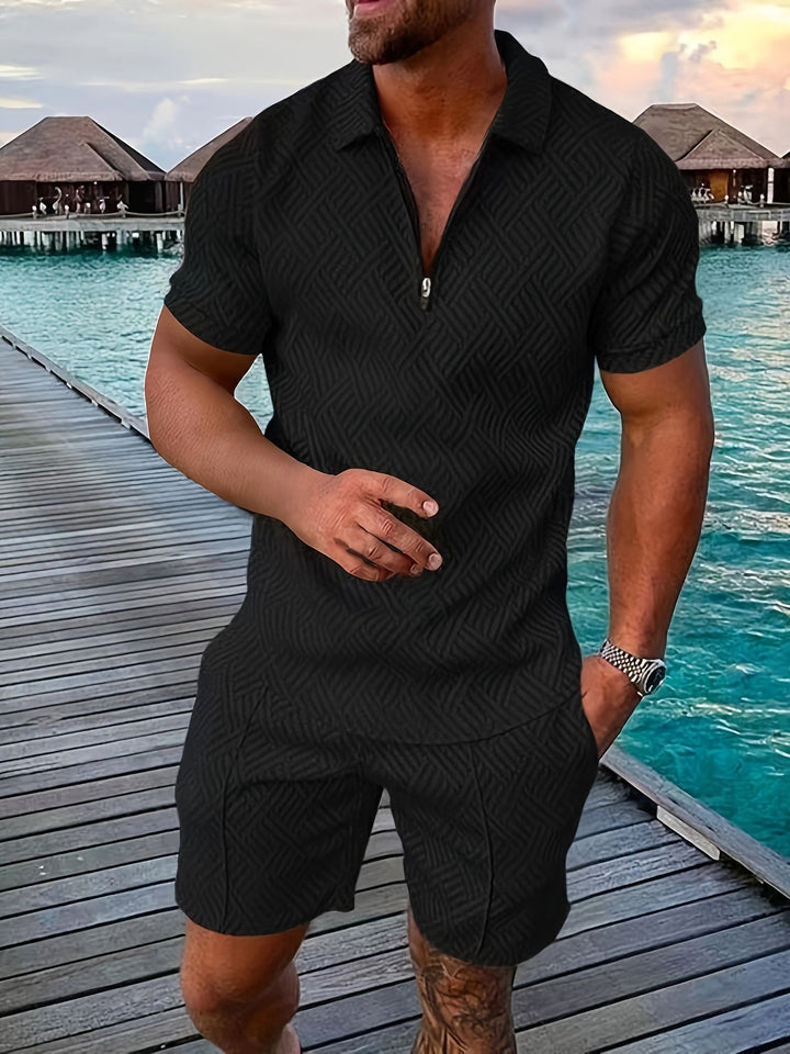 Diether | Men's Textured Quarter Zip Polo and Shorts Two Piece Set