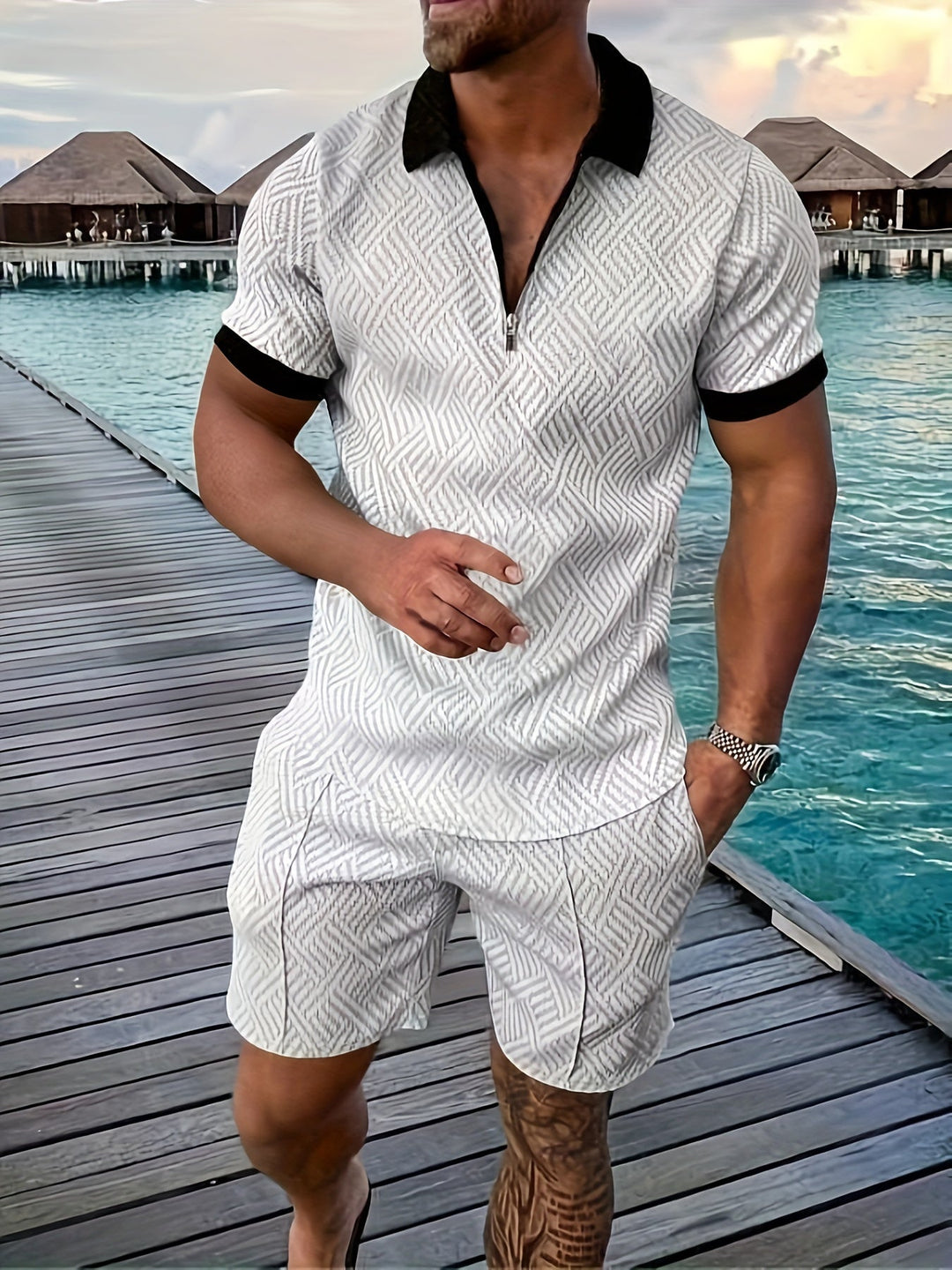 Diether | Men's Textured Quarter Zip Polo and Shorts Two Piece Set