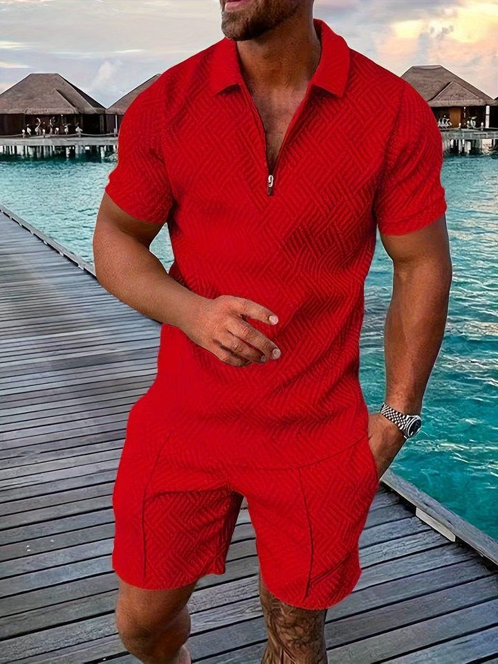 Diether | Men's Textured Quarter Zip Polo and Shorts Two Piece Set