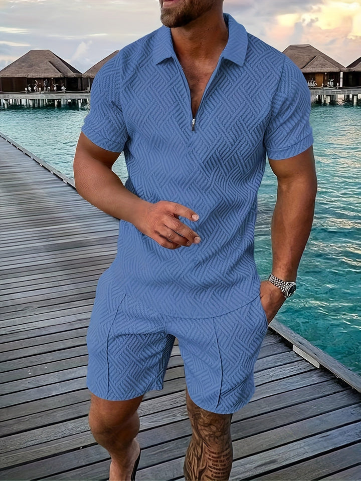 Diether | Men's Textured Quarter Zip Polo and Shorts Two Piece Set