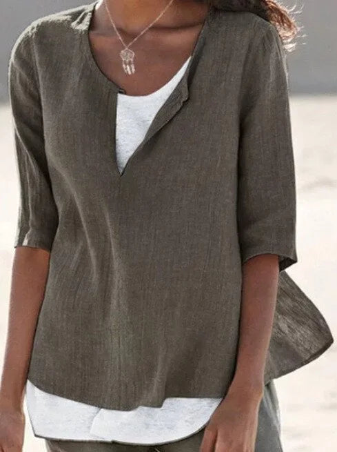 Evelyn | Women's Casual V Neck 3/4 Sleeves Linen Top
