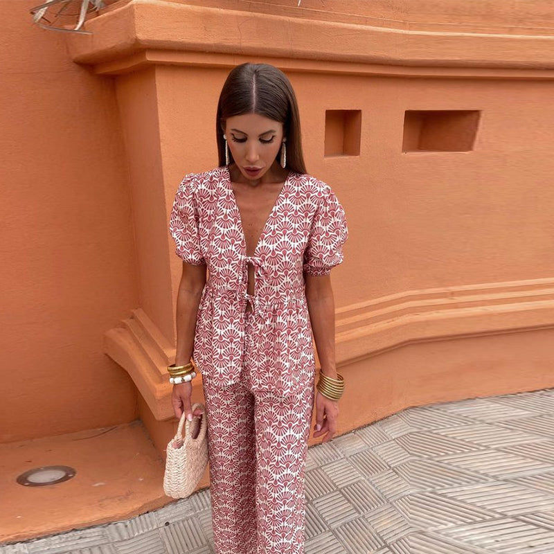 Cordelia | Women's Printed Puff Sleeve Top and Trousers Set