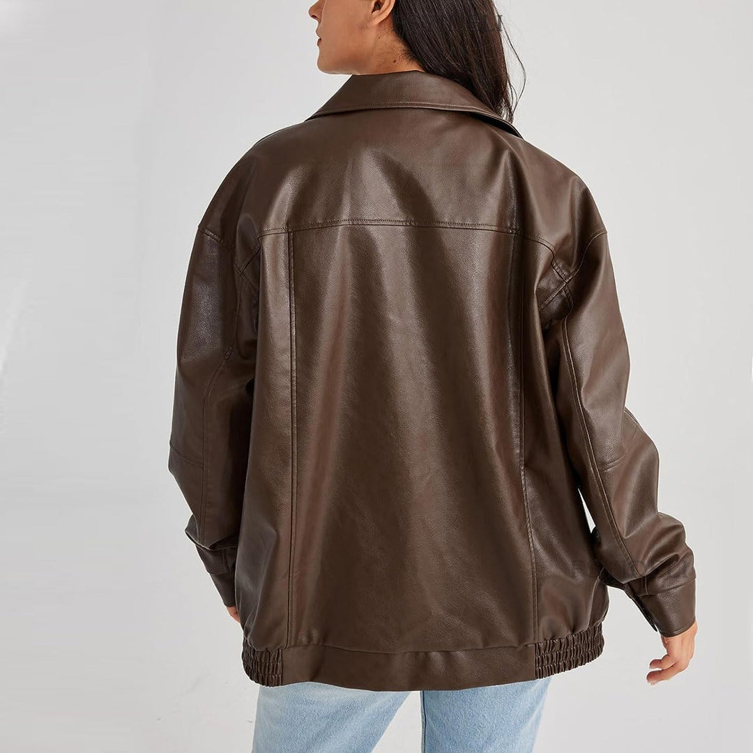 Rue | Women's Classic Oversized Leather Zip-Up Bomber Jacket
