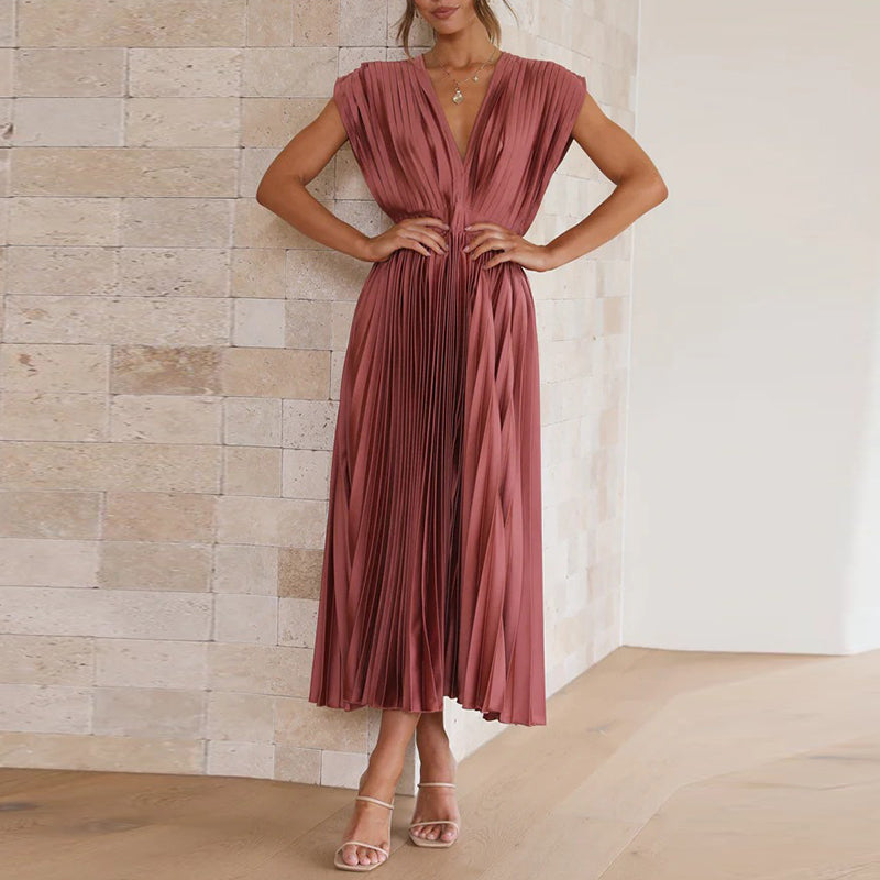 Calista | Women's Elegant Pleated V-Neck Midi Dress