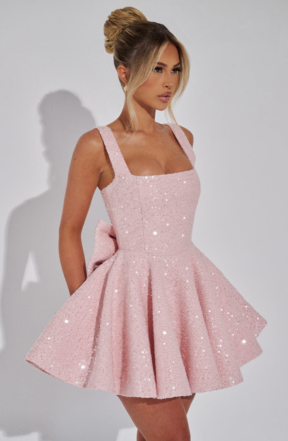 Lottie | Women's Backless Sequin Tweed Bow Dress