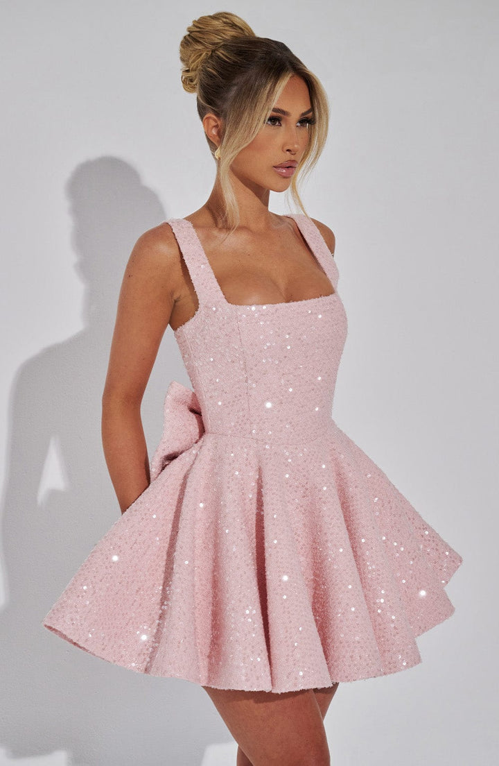 Lottie | Women's Backless Sequin Tweed Bow Dress