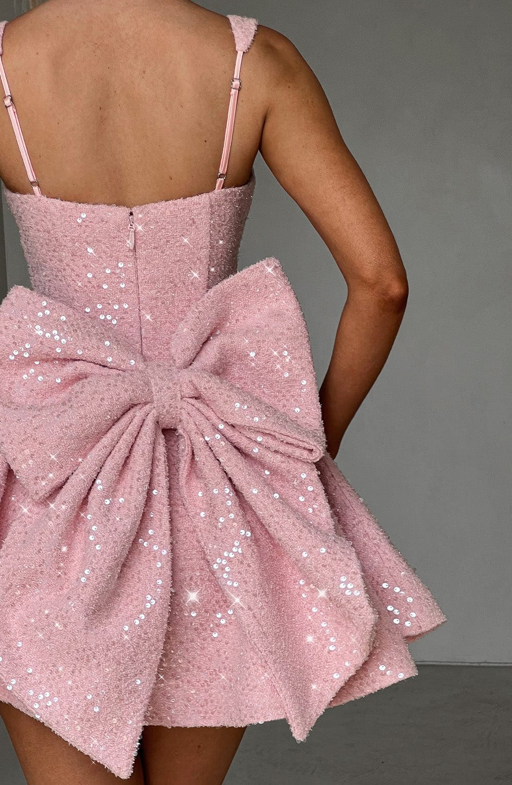 Lottie | Women's Backless Sequin Tweed Bow Dress