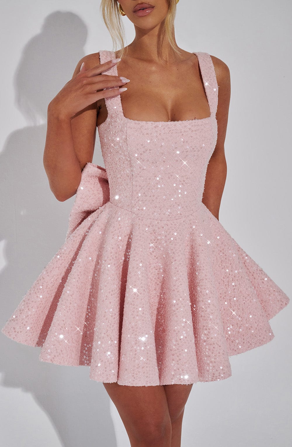 Lottie | Women's Backless Sequin Tweed Bow Dress