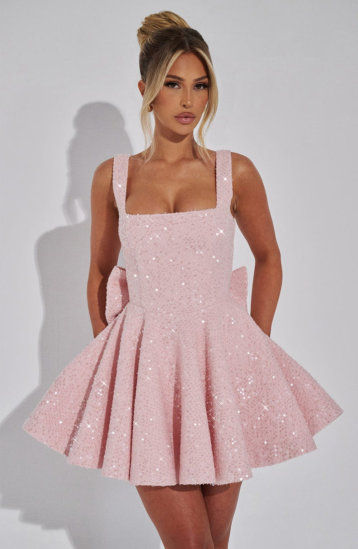 Lottie | Women's Backless Sequin Tweed Bow Dress