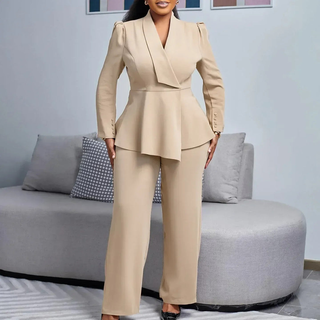 Victoria | Women’s Elegant Peplum Blazer and Wide-Leg Pant Suit Set