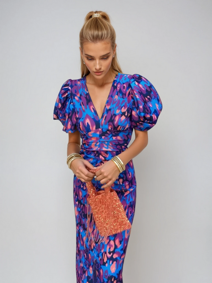 Stacey | Women's Deep V Neck Puff Sleeve Pencil Midi Dress
