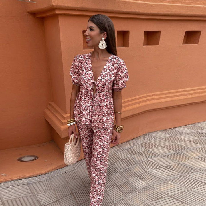 Cordelia | Women's Printed Puff Sleeve Top and Trousers Set