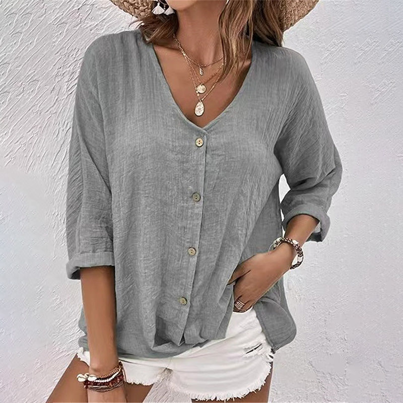 Calliope | Women's Loose Fit V Neck Linen Blend Tunic Top
