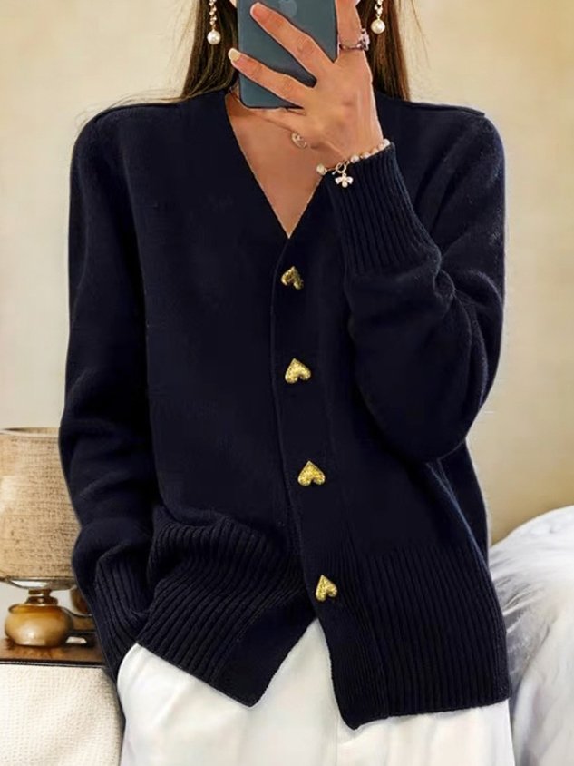 Amore | Women's Cozy Heart-Button V-Neck Cardigan