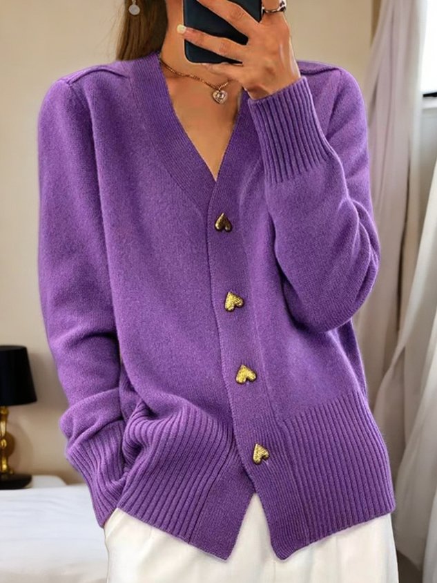 Amore | Women's Cozy Heart-Button V-Neck Cardigan
