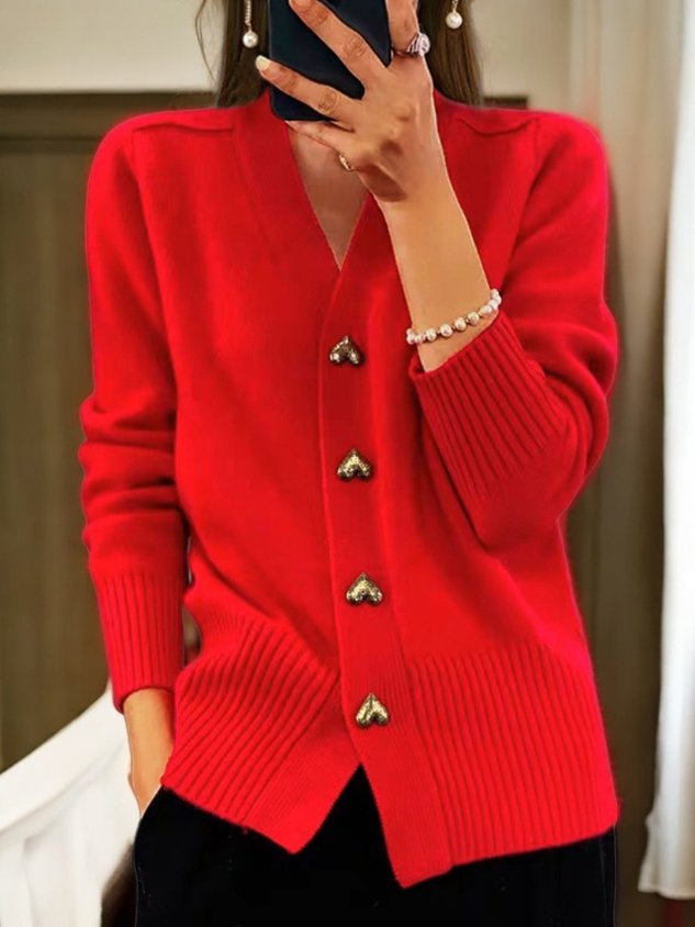 Amore | Women's Cozy Heart-Button V-Neck Cardigan